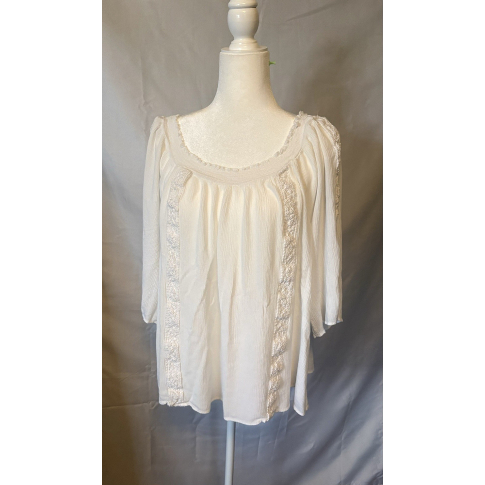 Daniel Rainn 3X White Boho Peasant Blouse Crochet Lace Inset Smocked Neck Gauze